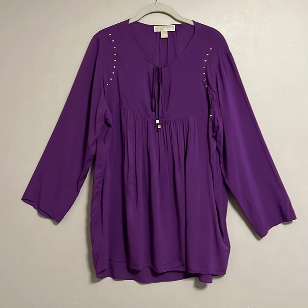 Michael Kors Purple Silky Women’s Peasant Blouse Tie Front Gold Stud Details M